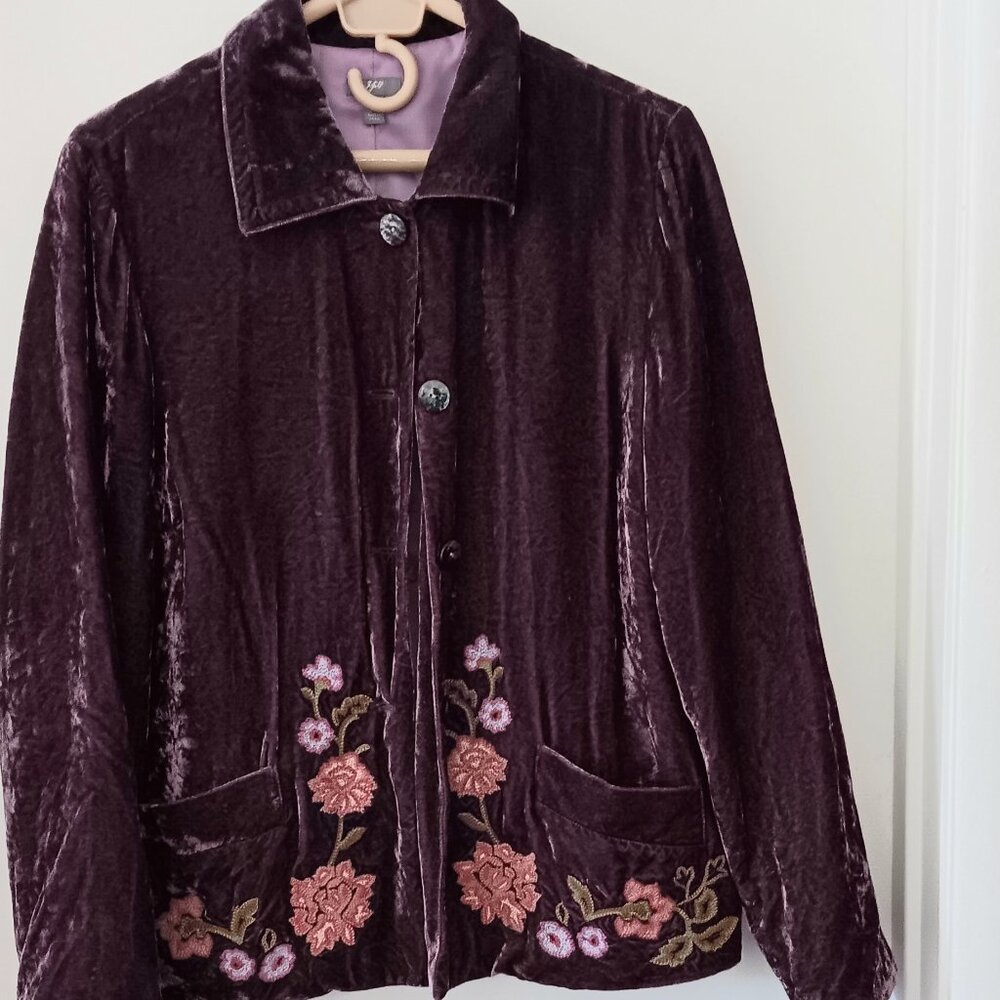 J. JILL Purple Crushed Velvet Blazer with Embroidered Flowers Sz Large Tall Used